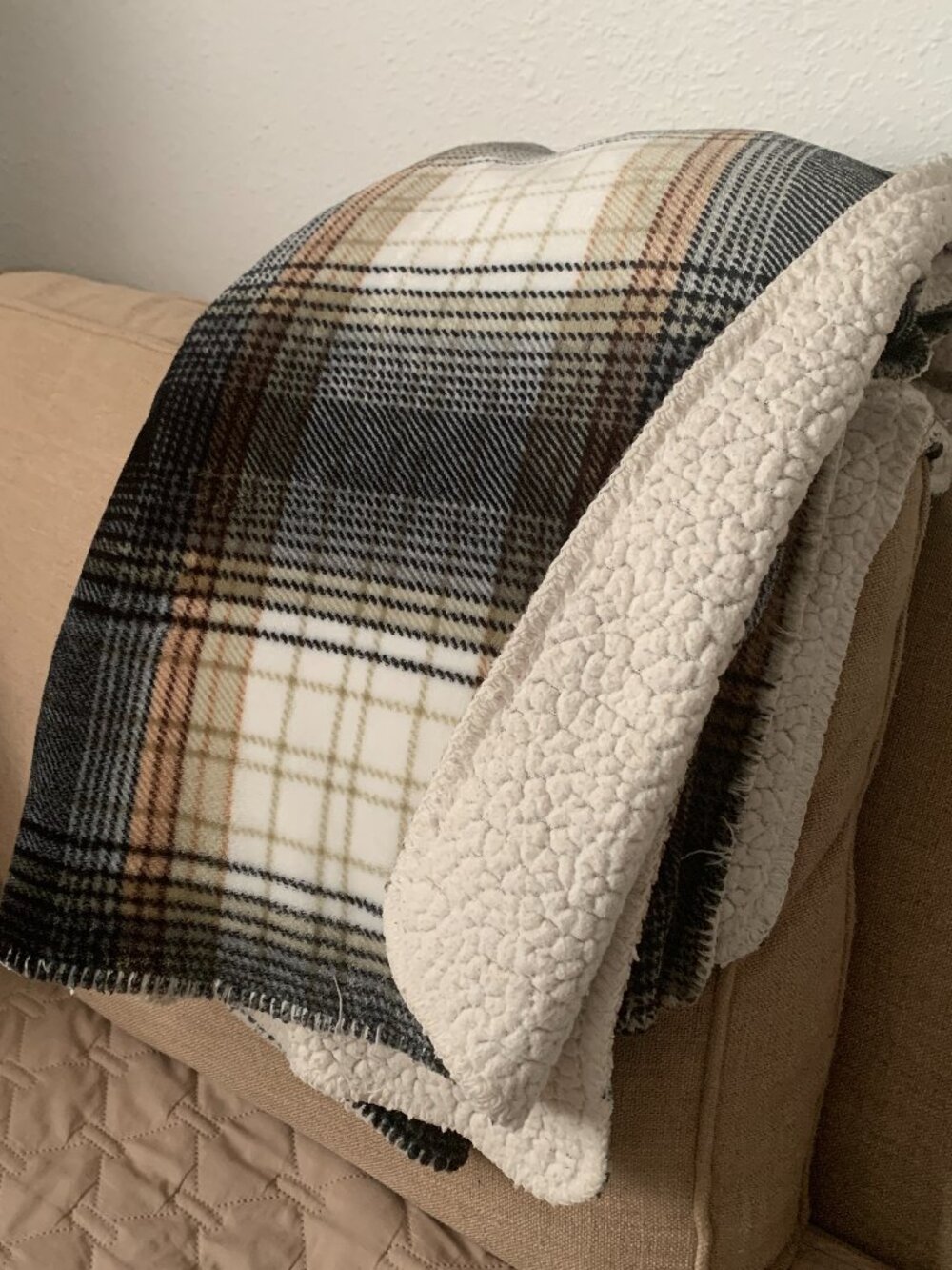 Better Homes & Gardens Plaid Sherpa Reversible Throw Blanket Neutral Gray Tan